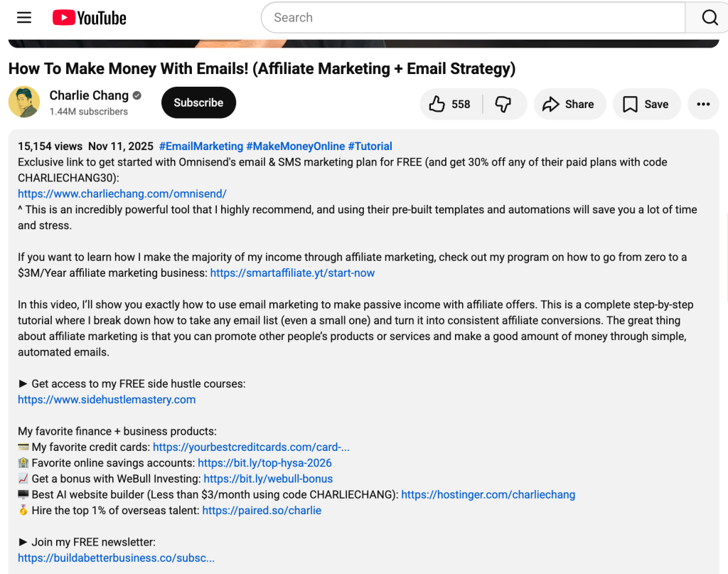 Description for a video on making money with emails on Charlie Chang’s channel, featuring a link to subscribe to a free newsletter at the bottom