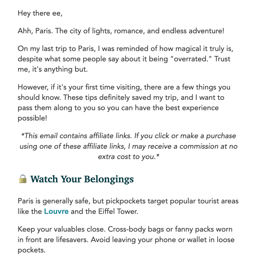 An excerpt from an email with tips for traveling to Paris, with a paragraph explaining that the email contains affiliate links