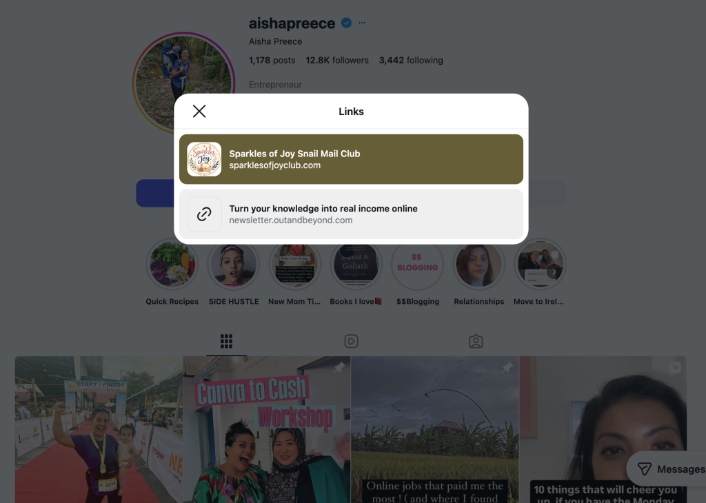 Aisha Preece’s Instagram profile with two links shown in a pop-up window: the Snail Mail Club and a link to subscribe to the Out and Beyond newsletter 