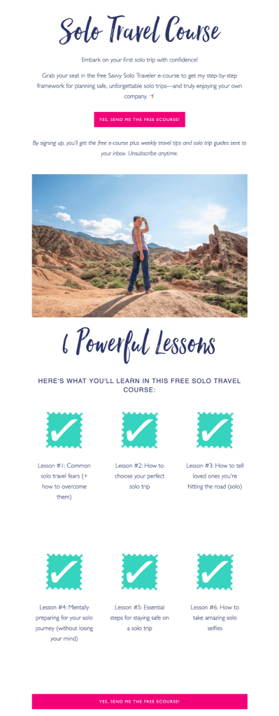 A landing page dedicated to promoting a free digital course on traveling solo with bright pink CTA buttons “Yes, send me the free ecourse!”
