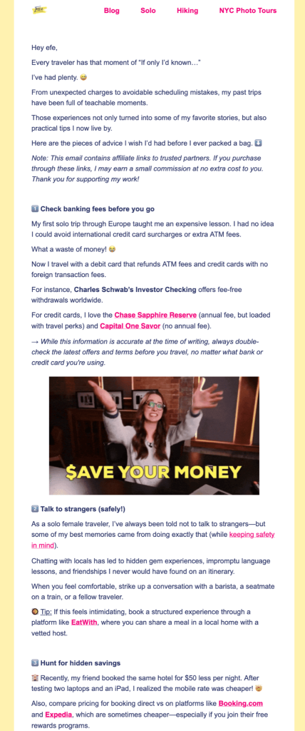 An email from Jessie Fiesta from Jessie on a Journey with travel advice and links to websites like Expedia and Booking.com