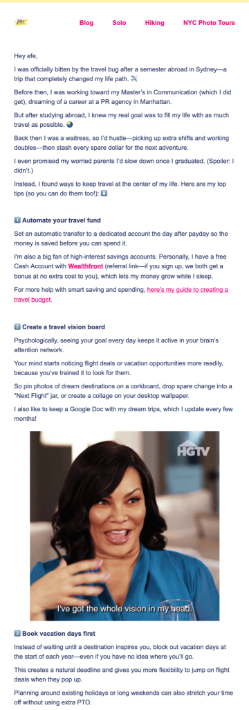 An email from Jessie Fiesta from Jessie on a Journey with three pieces of advice on keeping travel at the center of life, including automating the travel fund, creating a travel vision board, and booking vacation days first