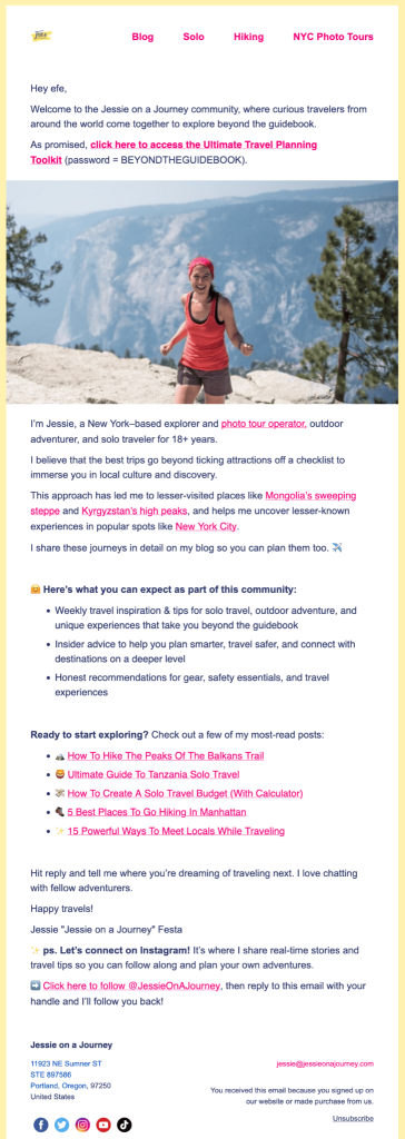 An email from Jessie Fiesta from Jessie on a Journey with a link to the lead magnet, information about the blogger, next newsletters, and links to some of her most-read posts
