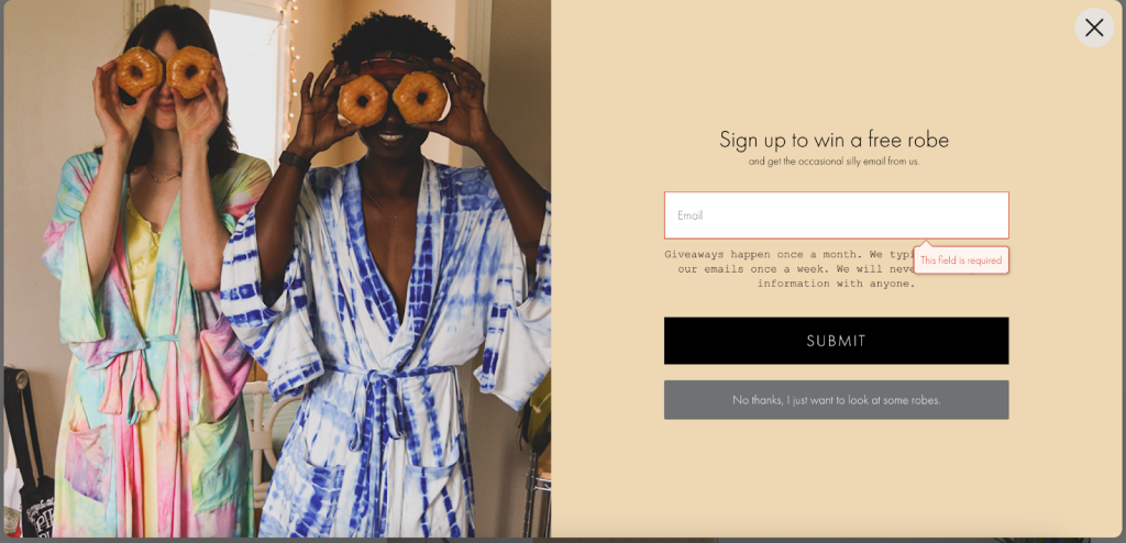 A pop-up form on the website with the headline “Sign up to win a free robe”