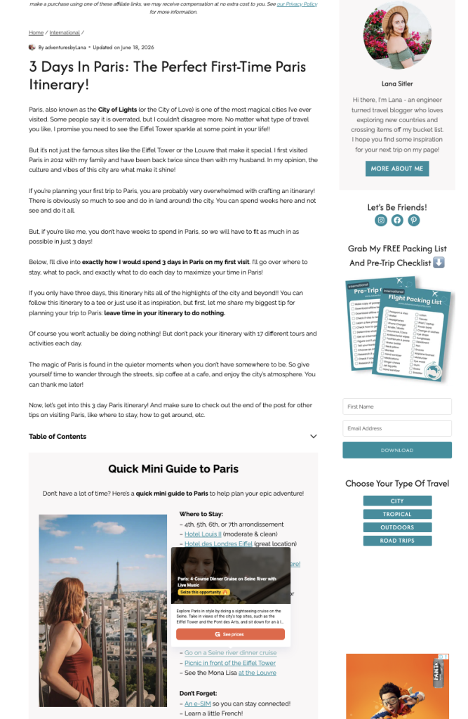 A post titled “3 Days in Paris: The Perfect First-Time Paris Itinerary!” on the Adventures by Lana blog with a preview of an affiliate link to book a Seine river dinner cruise