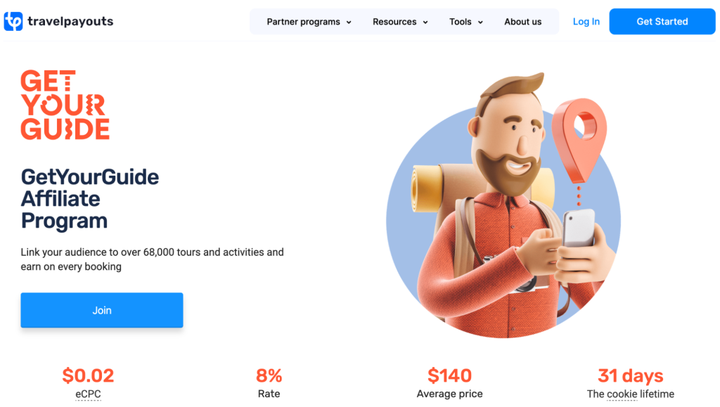 GetYourGuide affiliate program page on the Travelpayouts website showing the program’s conditions, including 8% rate and 31-day cookie lifetime
