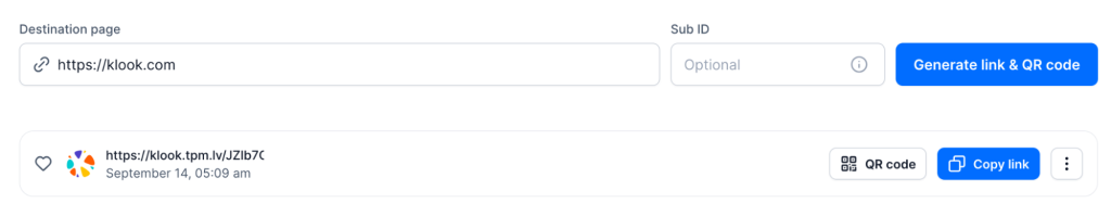 Travelpayouts affiliate links generator showing a unique link for Klook with options to copy it and get a QR code for it