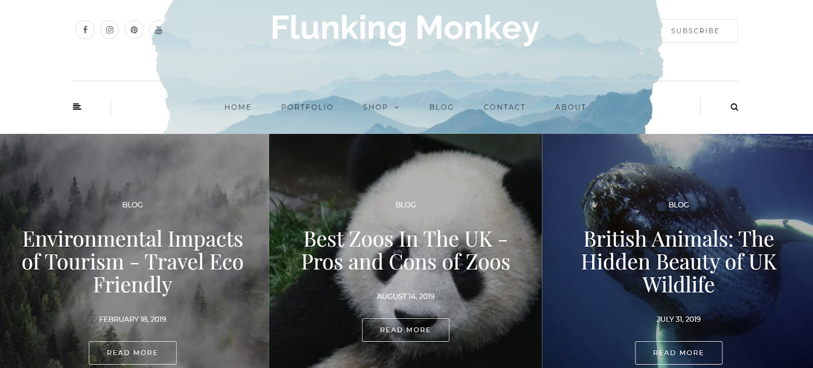 A screenshot of the homepage of the Flunking Monkey travel blog featuring recent posts, including photos of a panda, airplane, and forest.
