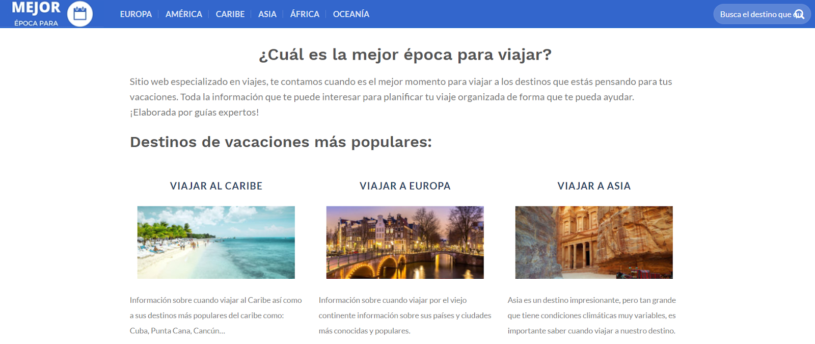 A screenshot of the Mejor Epoca Para travel blog featuring different content categories