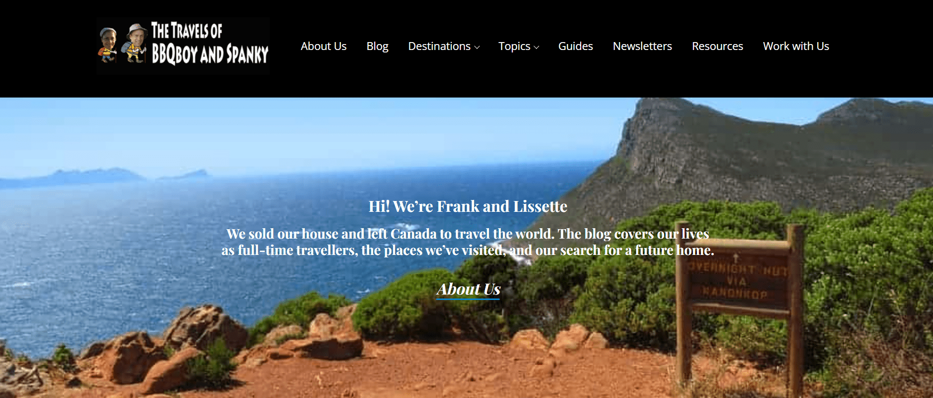 A screenshot of the homepage of the Travels of BBQ Boy and Spanky travel blog featuring a view over the sea and rocks, as well as the names of publications the blog was featured on.