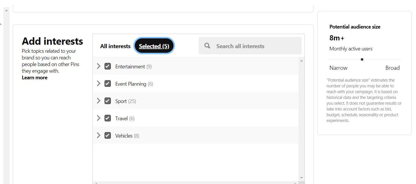 A screenshot of the Add Interests section on Pinterest