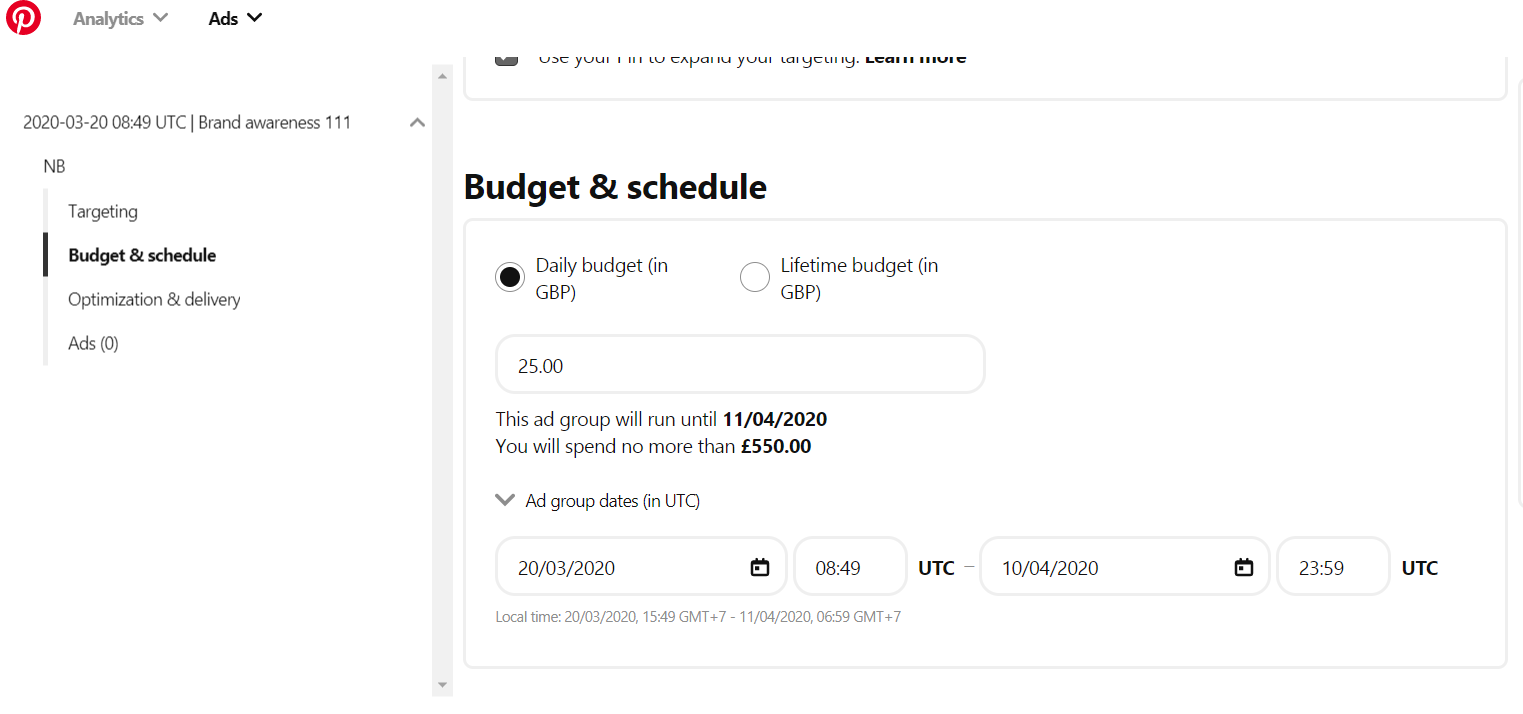 A screenshot of the Budget & Schedule section on Pinterest
