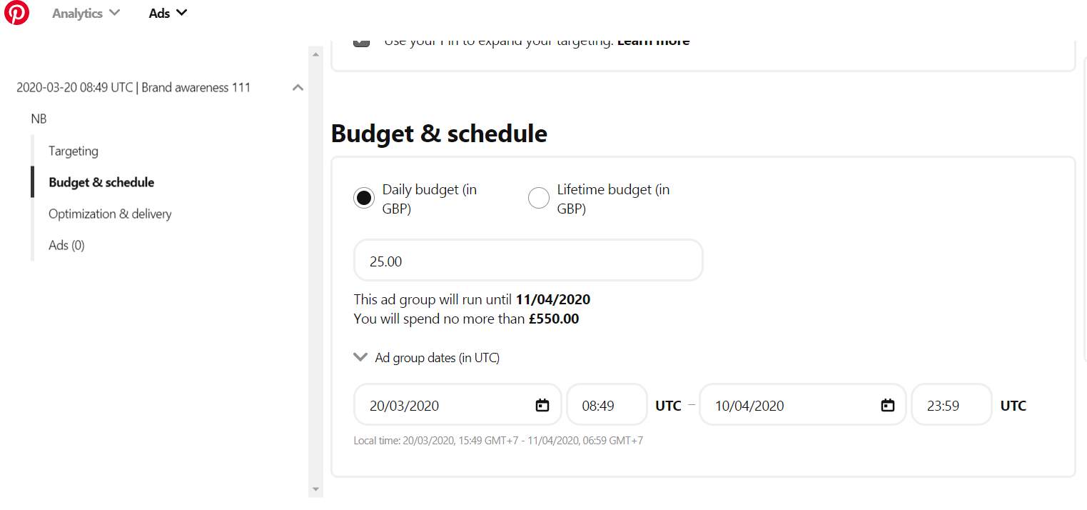 A screenshot of the Budget & Schedule section on Pinterest