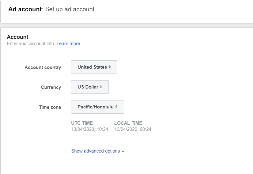 A screenshot of the Ad Account window on Facebook