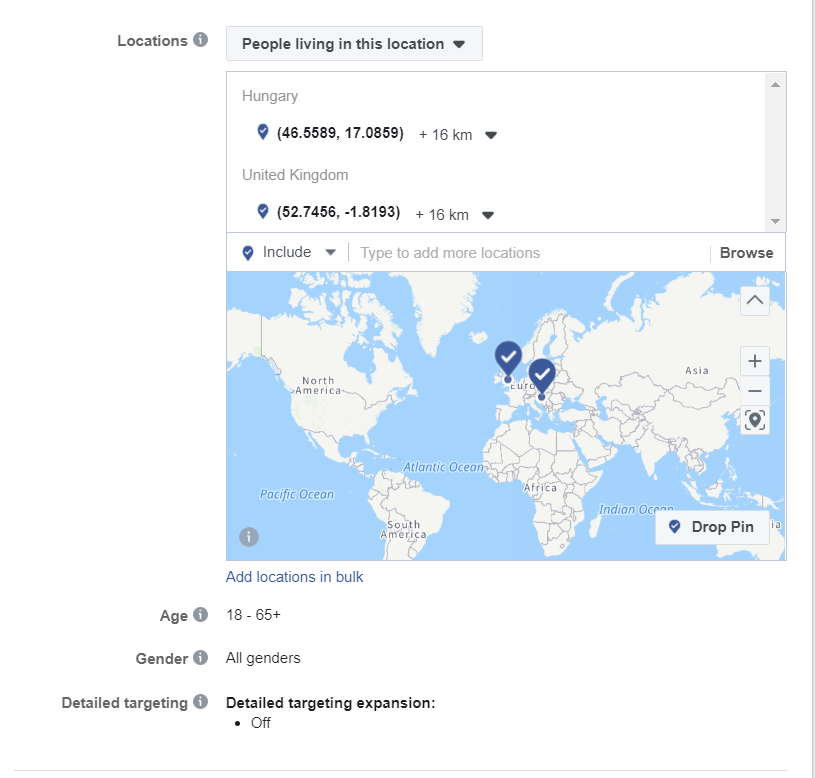A screenshot of the Facebook Ad Manager dashboard with target audience parameters