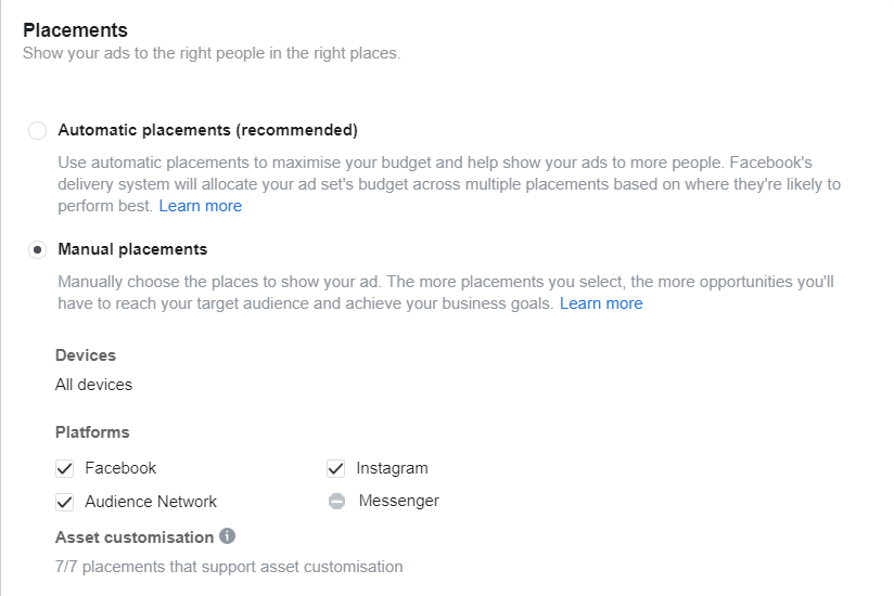 A screenshot of the Placements section in the Facebook Ad Manager
