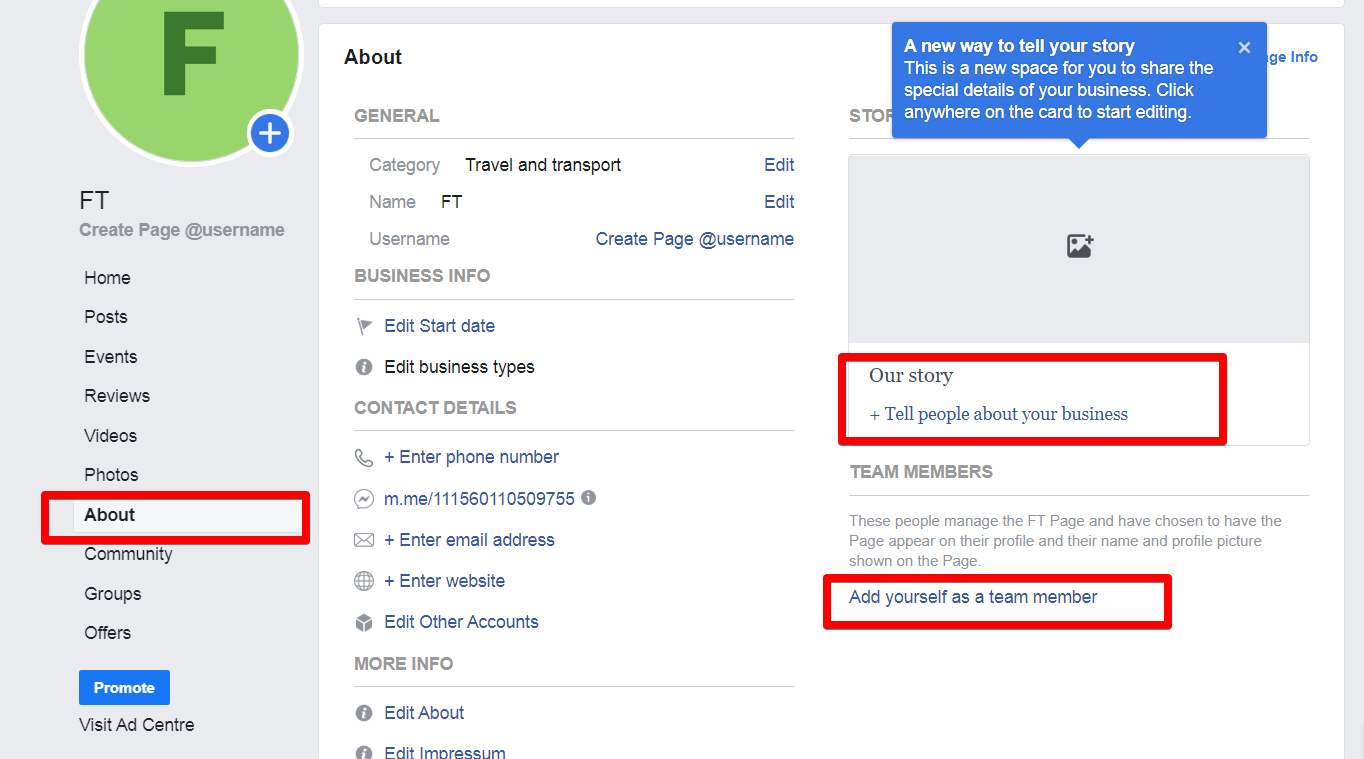 A screenshot of the “About” section on the Facebook Business Page
