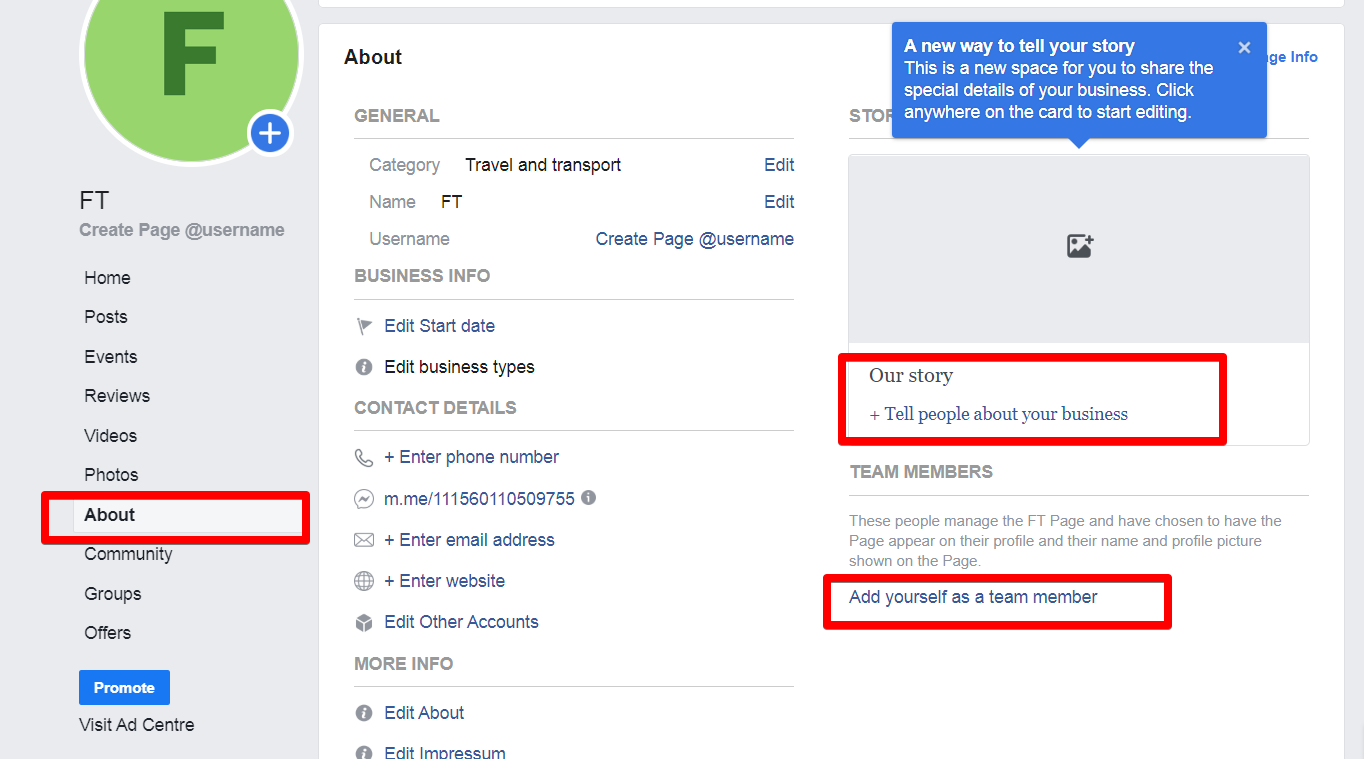 A screenshot of the “About” section on the Facebook Business Page