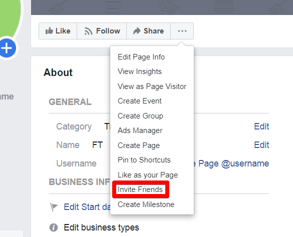 A screenshot of the Facebook Business Page menu with the “Invite Friends” tab
