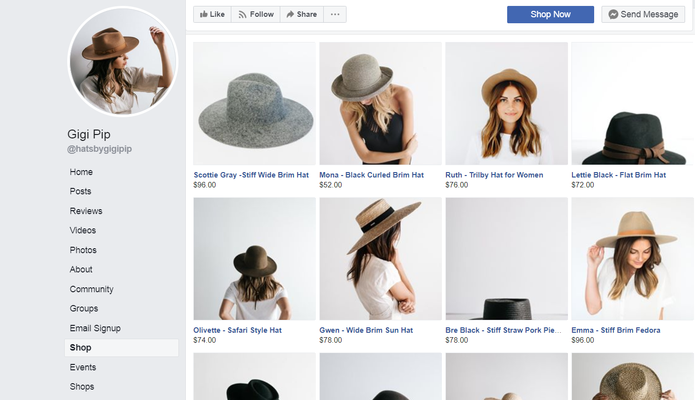 A screenshot of a Facebook Store page featuring the Shop
