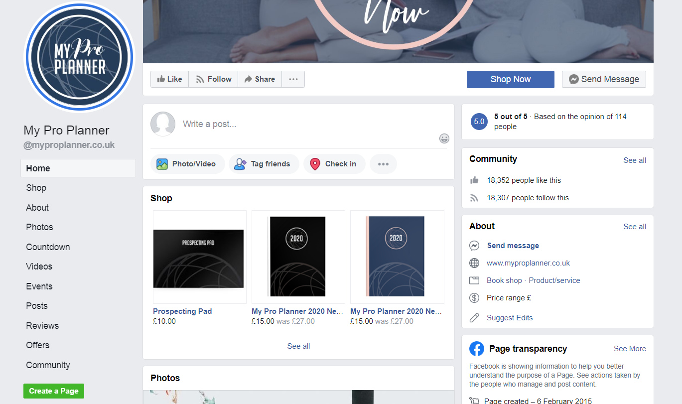 A screenshot of the My Pro Planner Facebook Business Page with links to products on the e-commerce website
