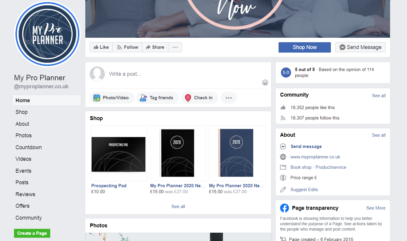 A screenshot of the My Pro Planner Facebook Business Page with links to products on the e-commerce website