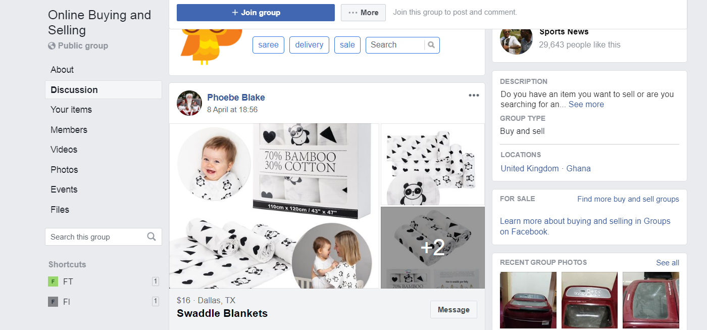 Screenshot of the Online Buying and Selling group on Facebook featuring an offer with baby products
