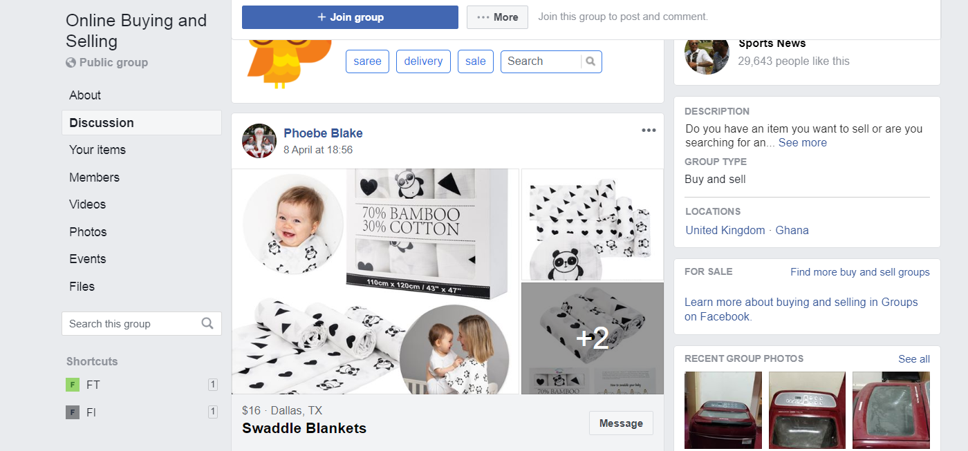 Screenshot of the Online Buying and Selling group on Facebook featuring an offer with baby products