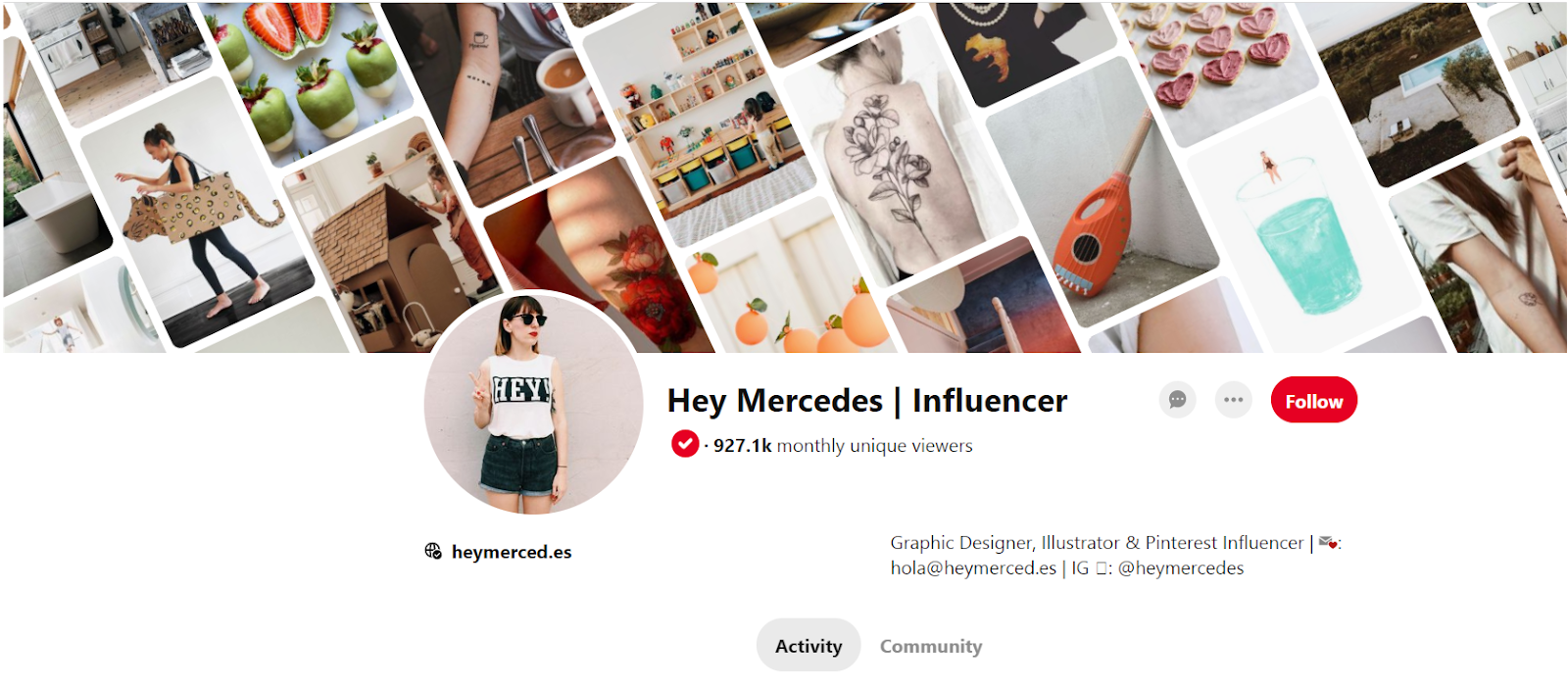 A screenshot of a Pinterest profile featuring a background picture presenting the types of content that users can find on the page
