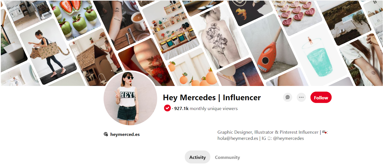 A screenshot of a Pinterest profile featuring a background picture presenting the types of content that users can find on the page
