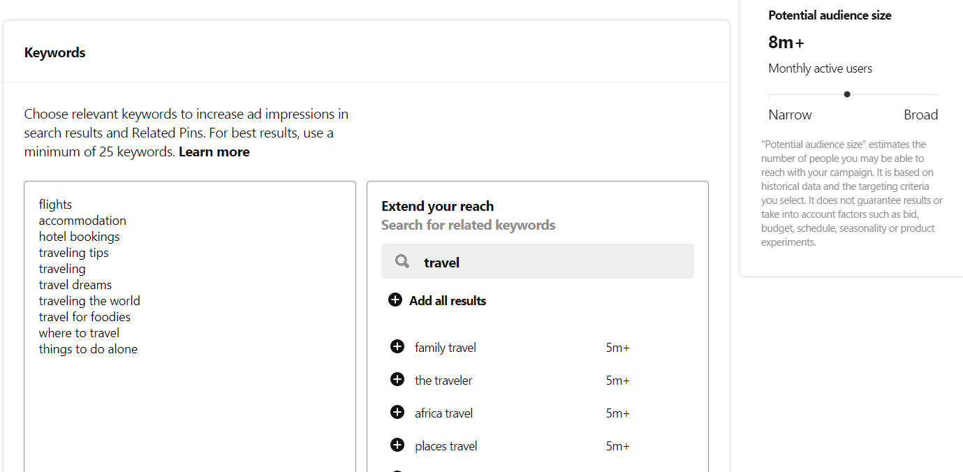 A screenshot of the Keywords section on Pinterest
