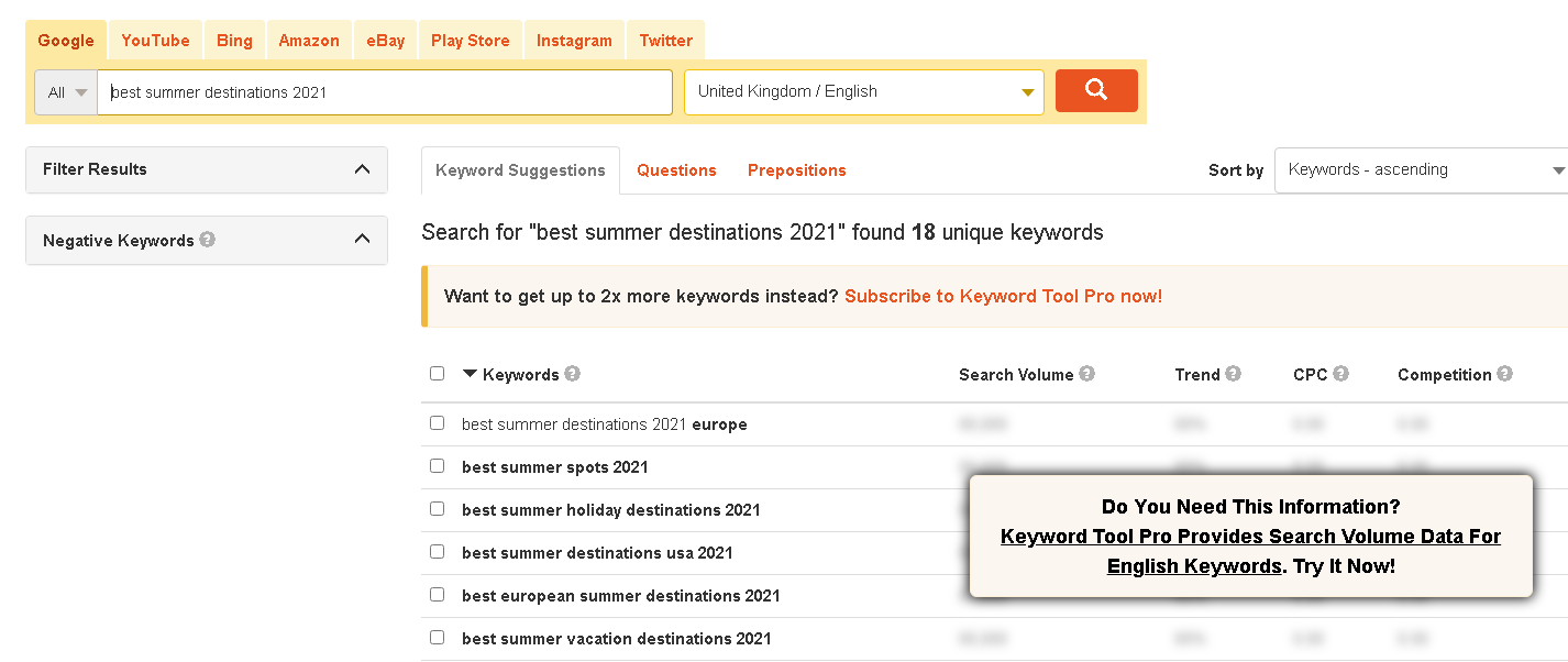 A screenshot of the KeywordTool.io dashboard with the keyword suggestions tab.

