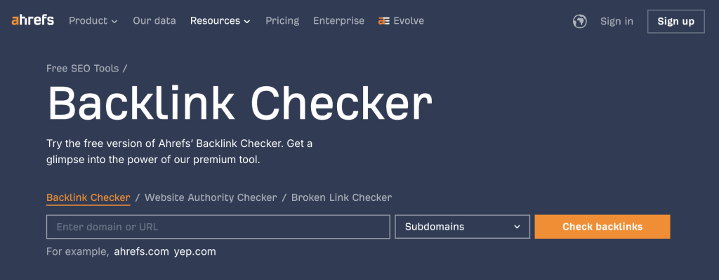 Backlink Checker homepage
