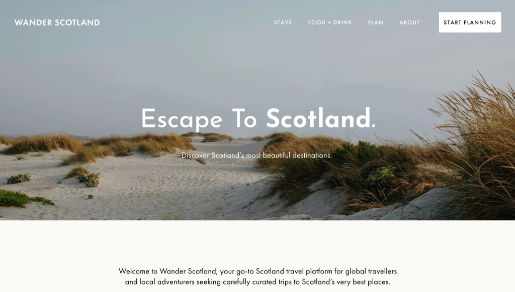 Wander Scotland homepage with the headline “Escape To Scotland”  