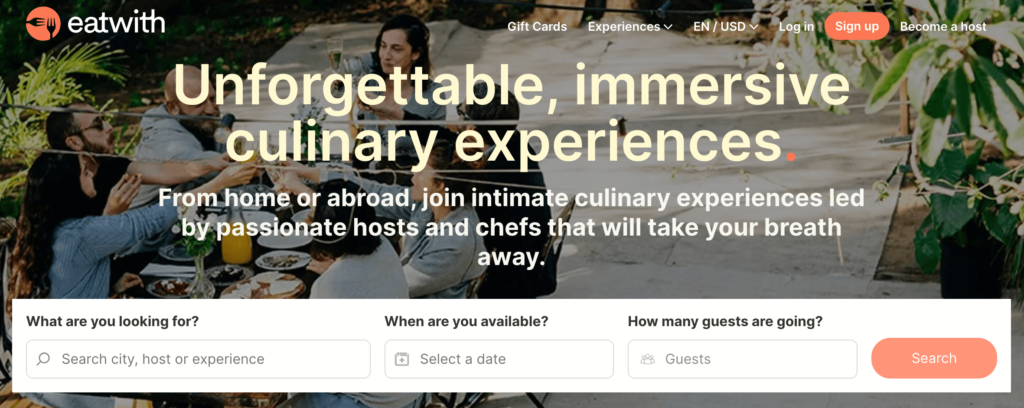 The main page of the Eatwith website Eatwith main page
