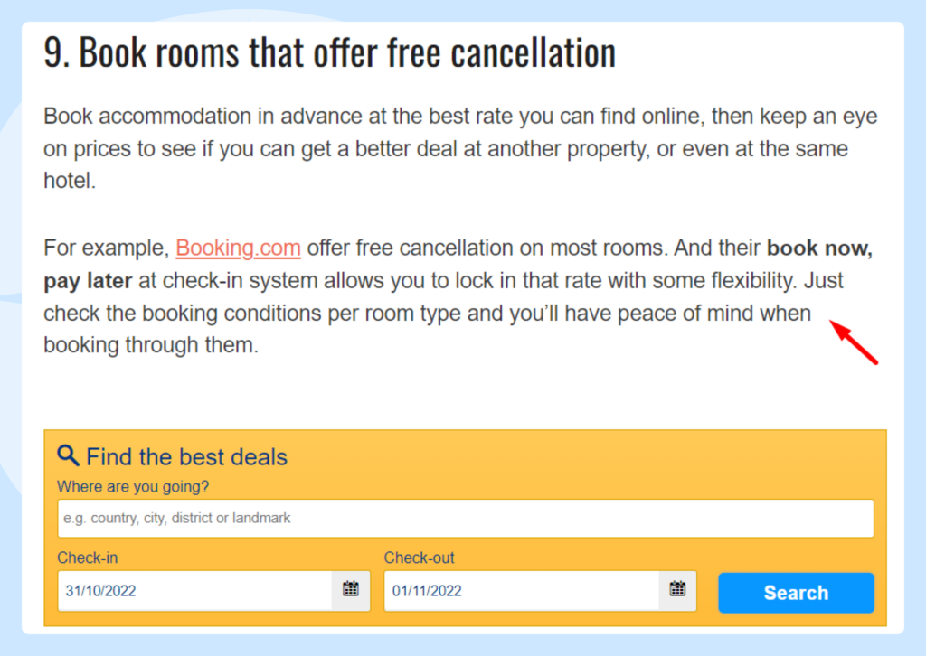 a booking.com widget with a good lead 