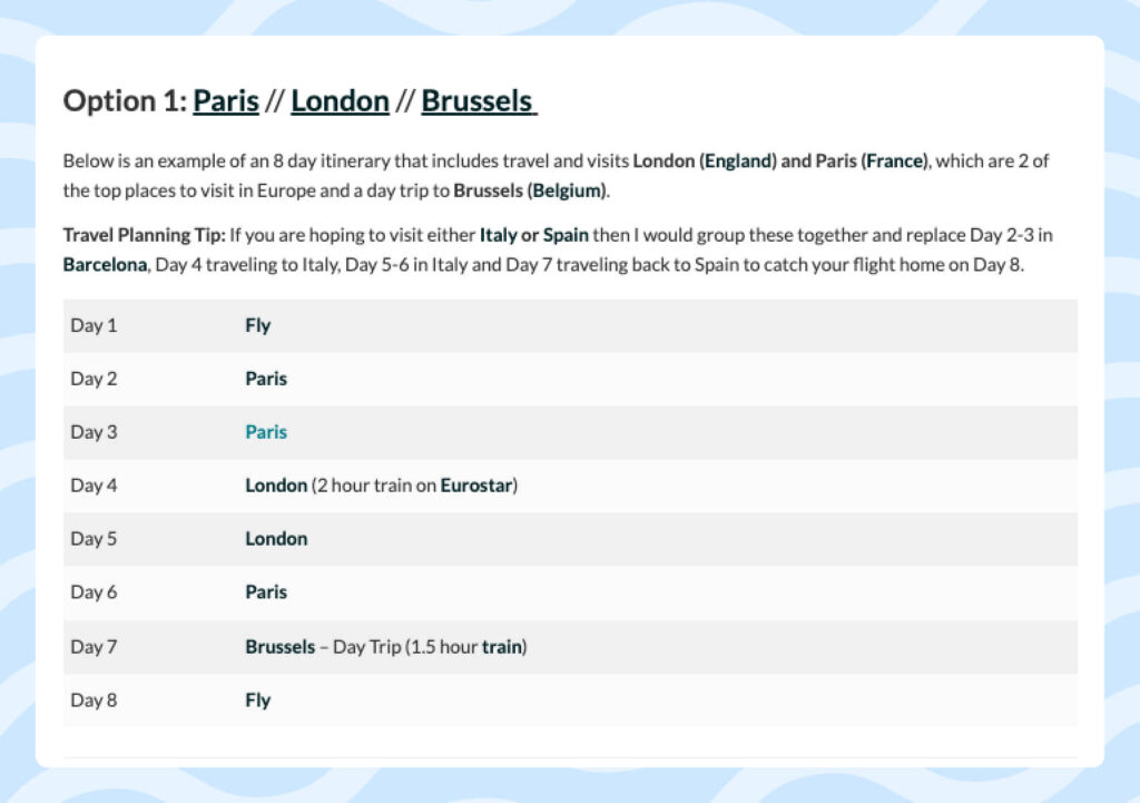 Links embedded to the highlighted cities