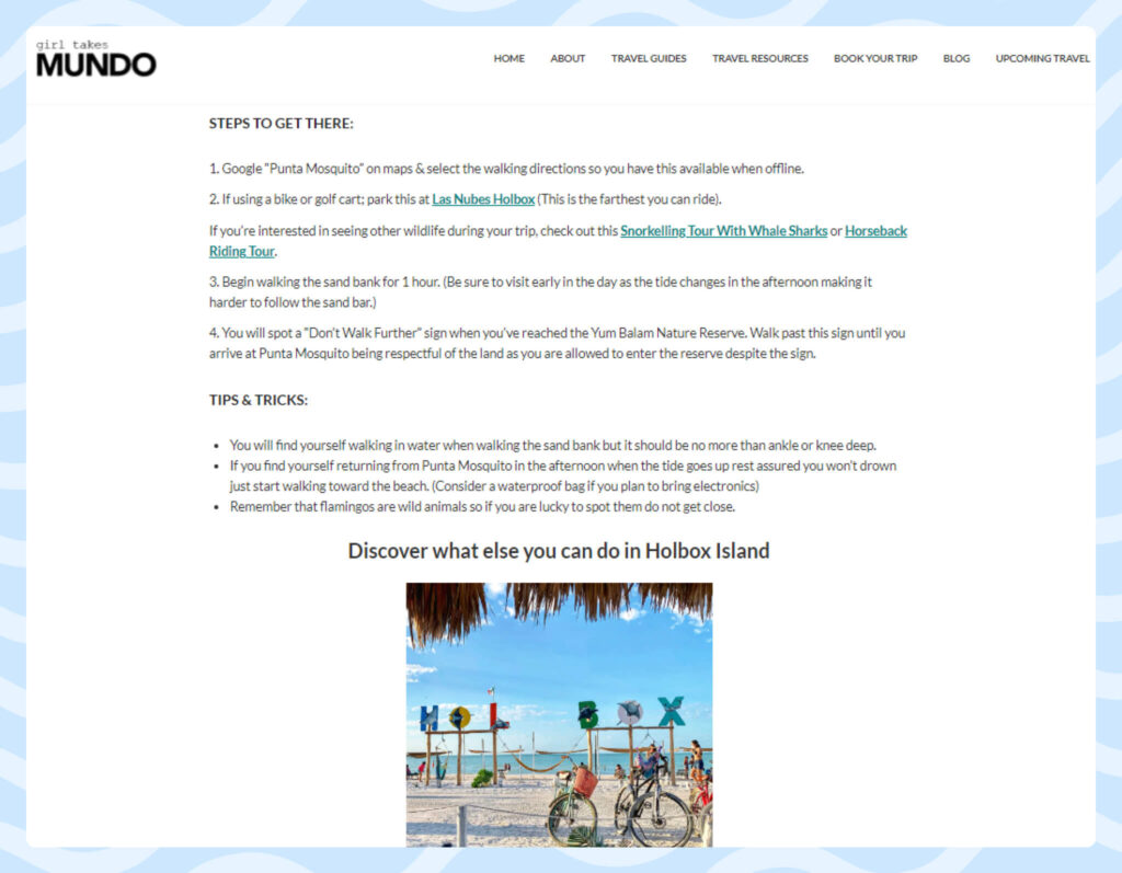 How I distinguished affiliate links in my “Where & How To See Flamingos in Holbox” guide by making them bold, underlined, and changing their color