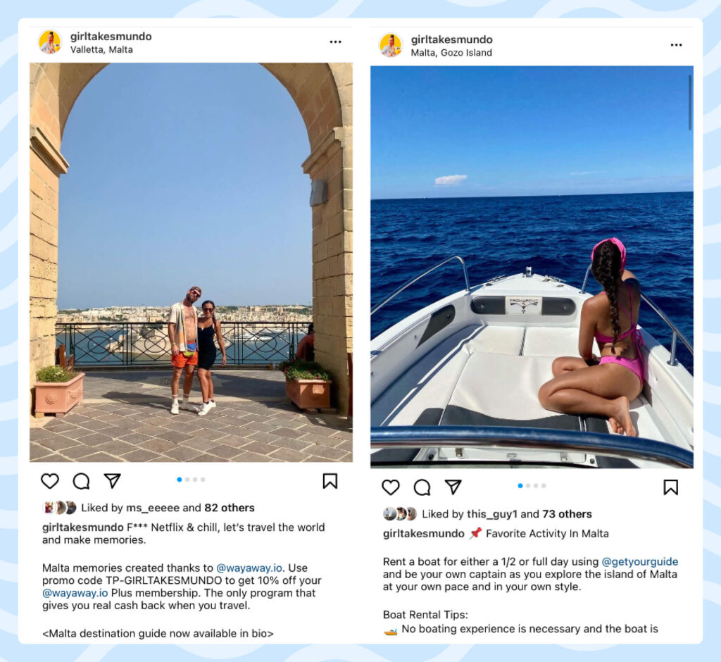 Examples of social posts promoting tours and activities affiliate partners and driving back to my content on Girltakesmundo.com
