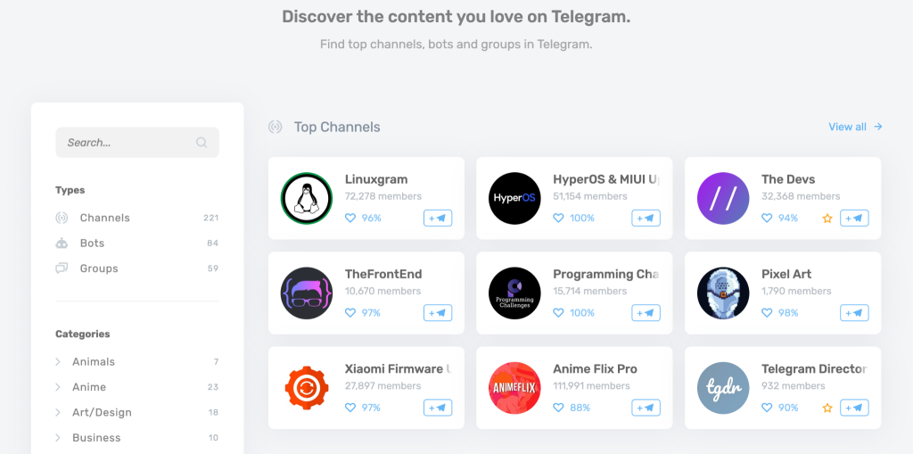 A Telegram channel directory showing 9 top channels and several categories on the right