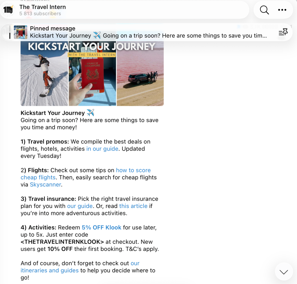 Pinned message in The Travel Intern Telegram channel featuring a link to a 5% discount code on Klook and an affiliate link to Skyscanner