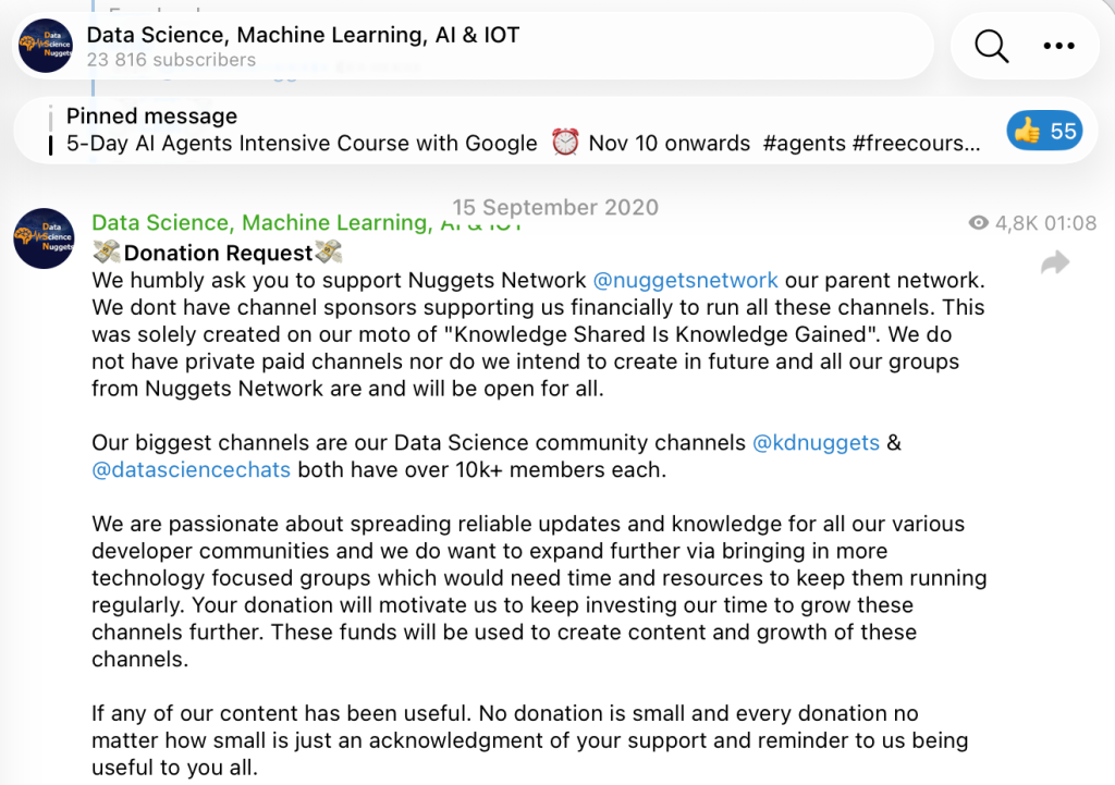 A Telegram donations request from a channel about data science