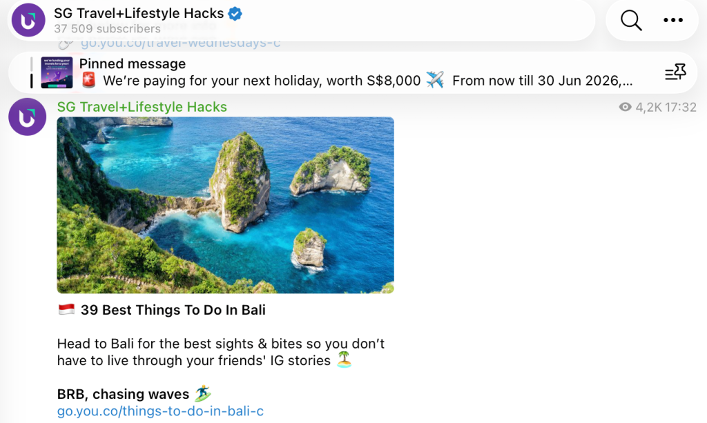SG Travel+Lifestyle Hacks Telegram channel post about the best things to do in Bali