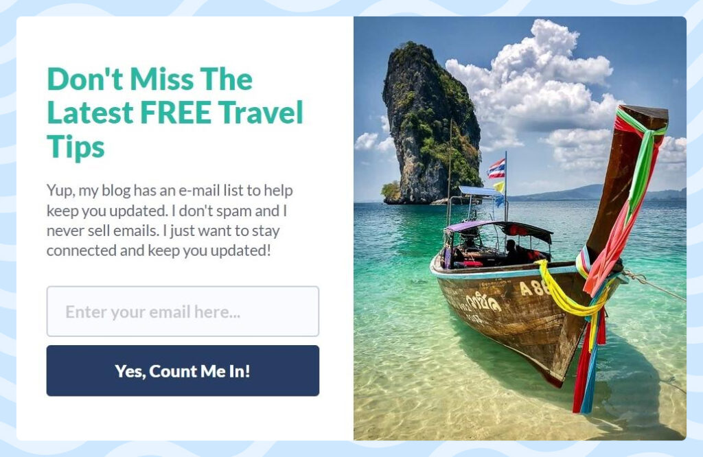 Pop-up to collect emails on theworldtravelguy.com