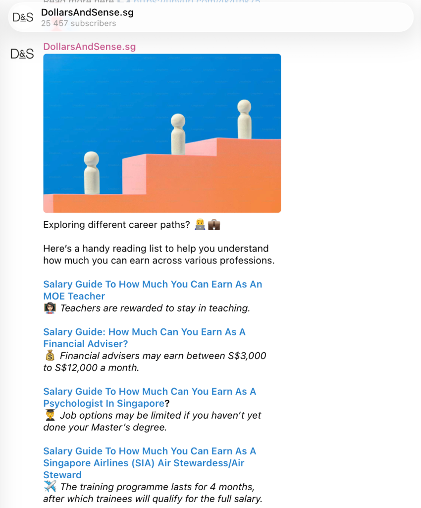 A Telegram post with several links to articles on the DollarsAndSense.sg channel