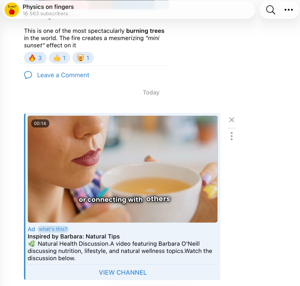 A Telegram ad for the channel Inspired by Barbara: Natural Tips