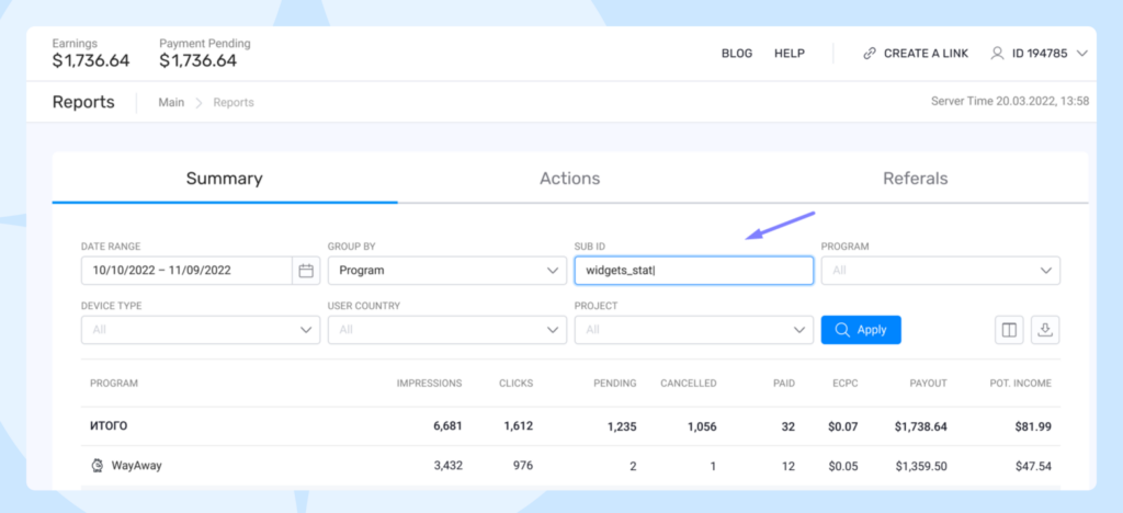 the Travelpayouts reports tab widget stats in the Travelpayouts reports tab