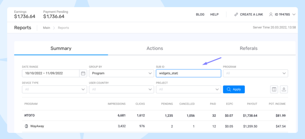 widget stats in the Travelpayouts reports tab