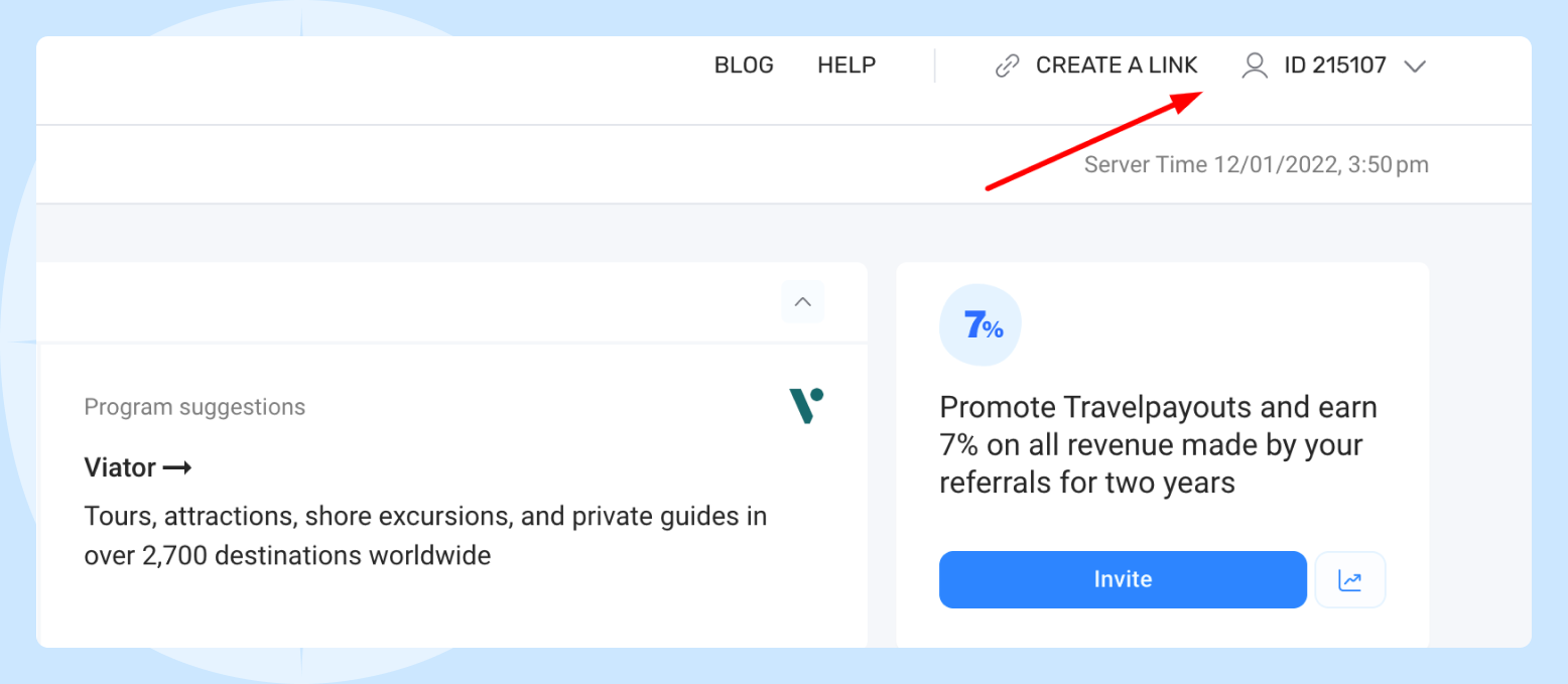 Screenshot of the Travelpayouts dashboard, showing where users can find a partner's ID. 