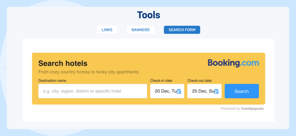 Screenshot of the search form of the Booking.com affiliate program